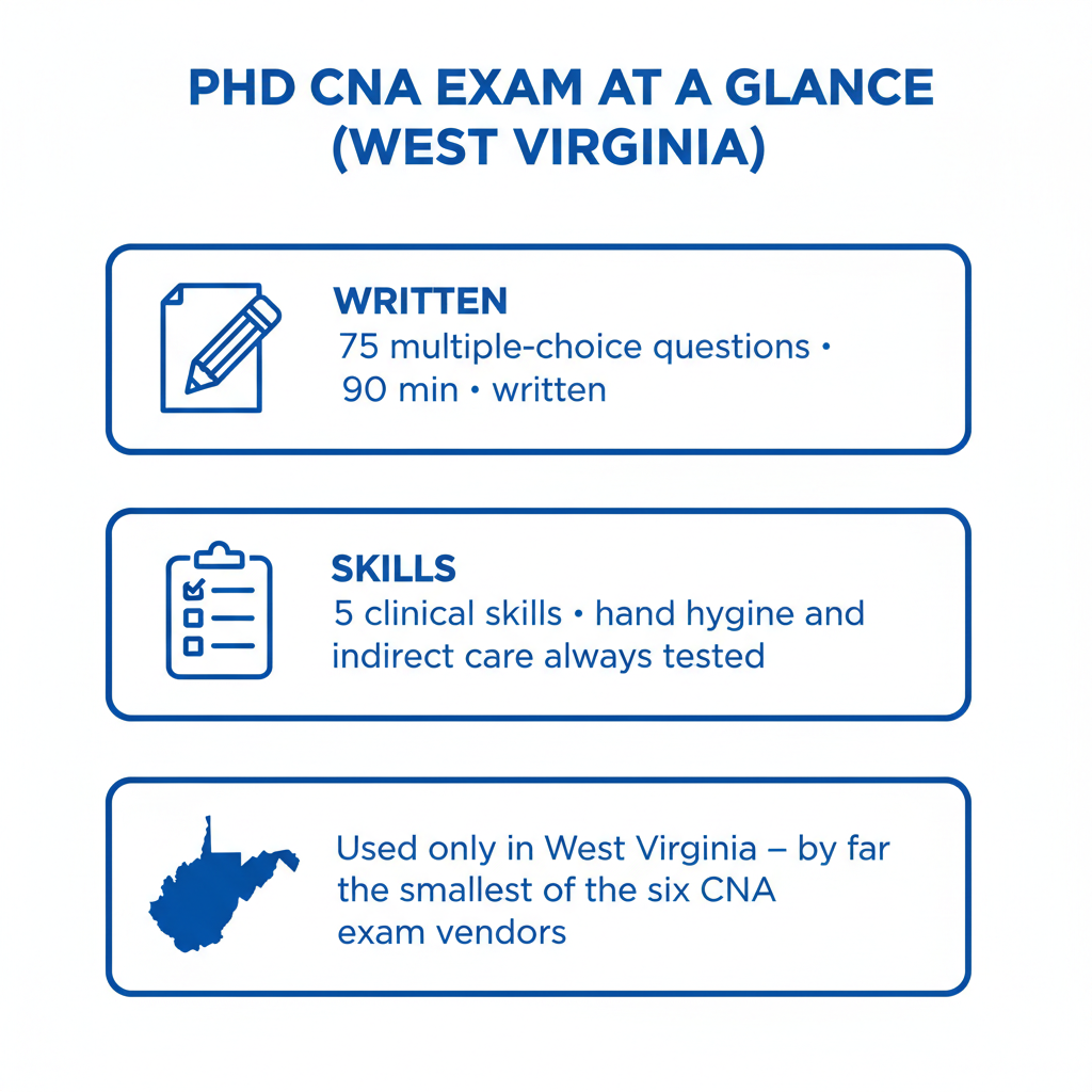 PHD CNA Exam (West Virginia) exam format visual summary